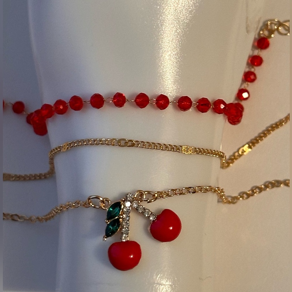 Ankle Bracelet Set Cherry Pendant Layered Gold Tone Foot Jewelry Red New Boho